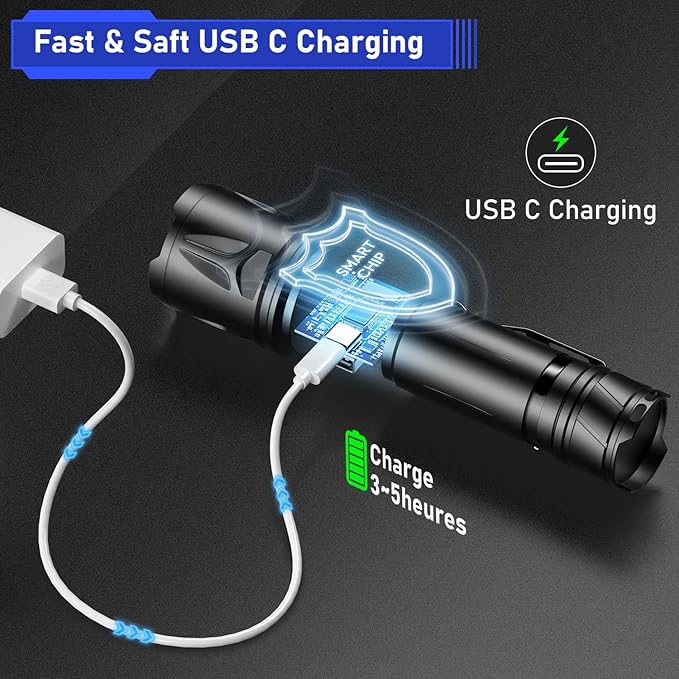 JAY-PARK High Lumen Flashlight - 10000 Lumens, Rechargeable 5000mAh with LCD Display, Zoomable Long