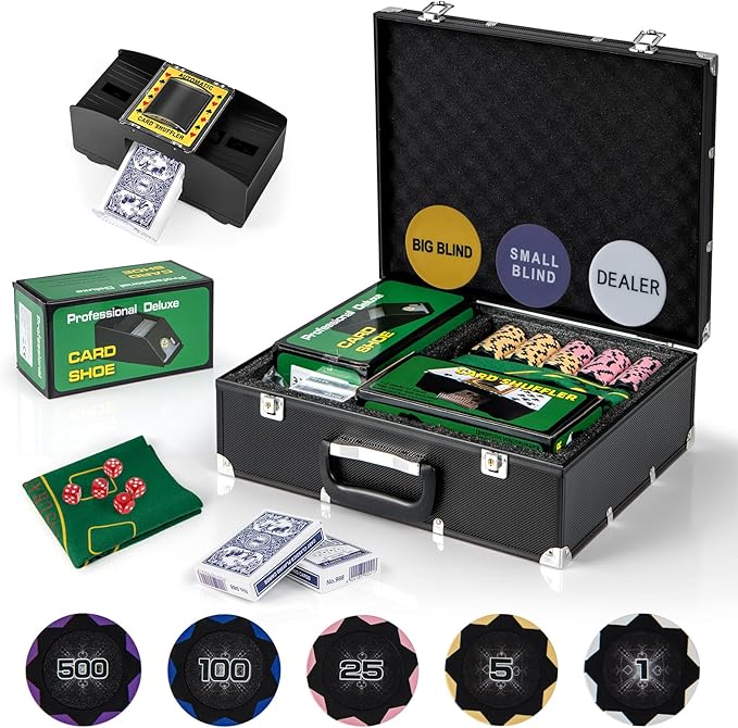 GYMAX Poker Chips Set, 300 PCS Texas Hold 'em Casino Chip Set w/Carrying Case, 6 Decks of Cards, 5