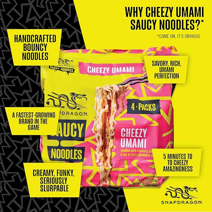 Snapdragon Saucy Instant Noodles with Cheezy Umami, Savory Slurpable Sauce - Quick Meal, Snack, and