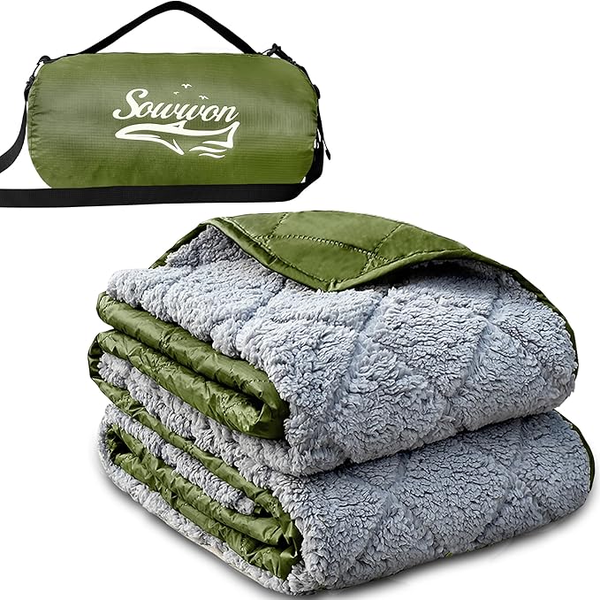 Waterproof Outdoor Blanket 82”X 55” Packable, Stadium Blankets for Camping with Sherpa Fleece