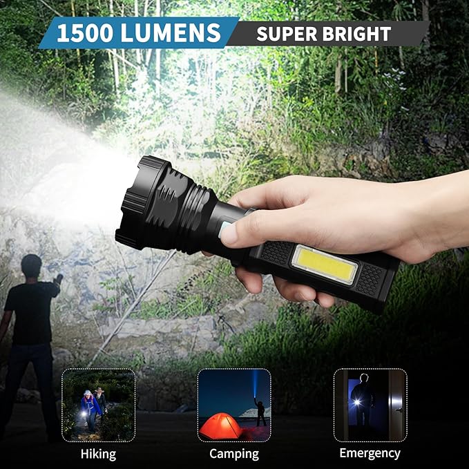Led Solar Flashlight, 1500 Lumens Led Solar Handheld Rechargeable Flashlights with IP65 Waterproof