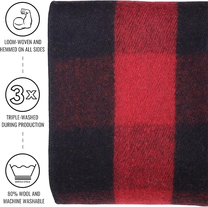 Arcturus Plaid Wool Blankets - 4.5lbs Warm, Heavy, Washable, Large | Great for Camping, Outdoors