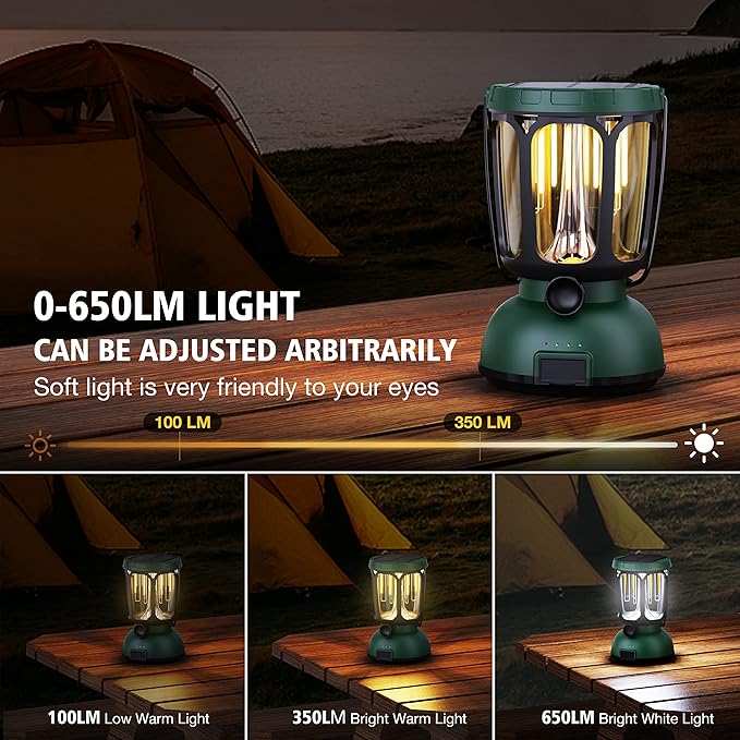 Raynic 6000 LED Camping Lantern, 650LM Hand Crank Solar Battery Powered Rechargeable Lantern