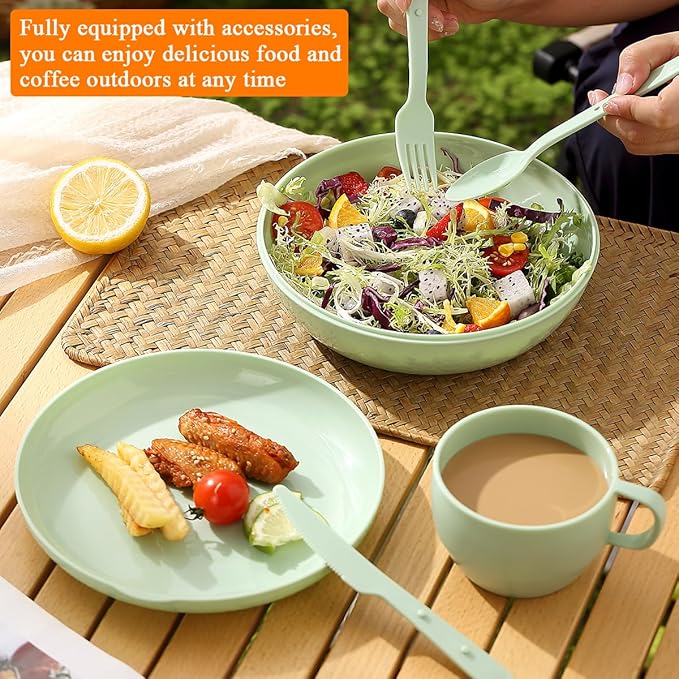 HOMQUEN 6-Piece Camping Mess Kit with Bowl, Plate, Cup, Spoon, Fork, Knife and Carry Bag, Plastic