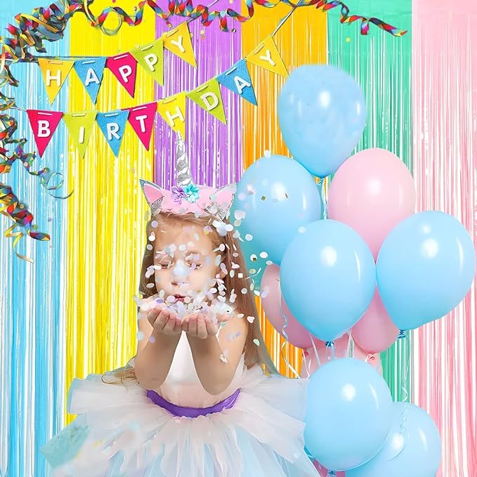 BRAVESHINE Tinsel Foil Fringe Curtains - 2Pcs 3.2x8.2ft Pastel Colourful Photo Backdrop for Sweet