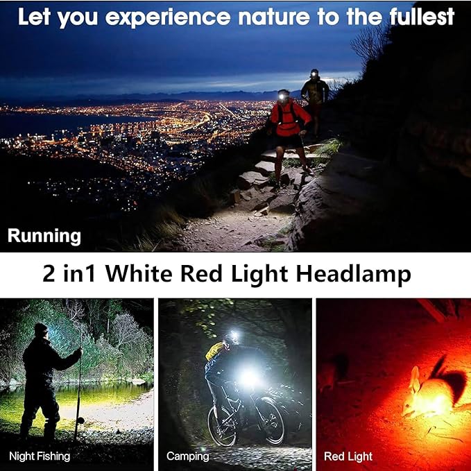 WINDFIRE White Red LED Rechargeable Headlamp, Super Bright Hunting Headlamps, 4 Modes 90°