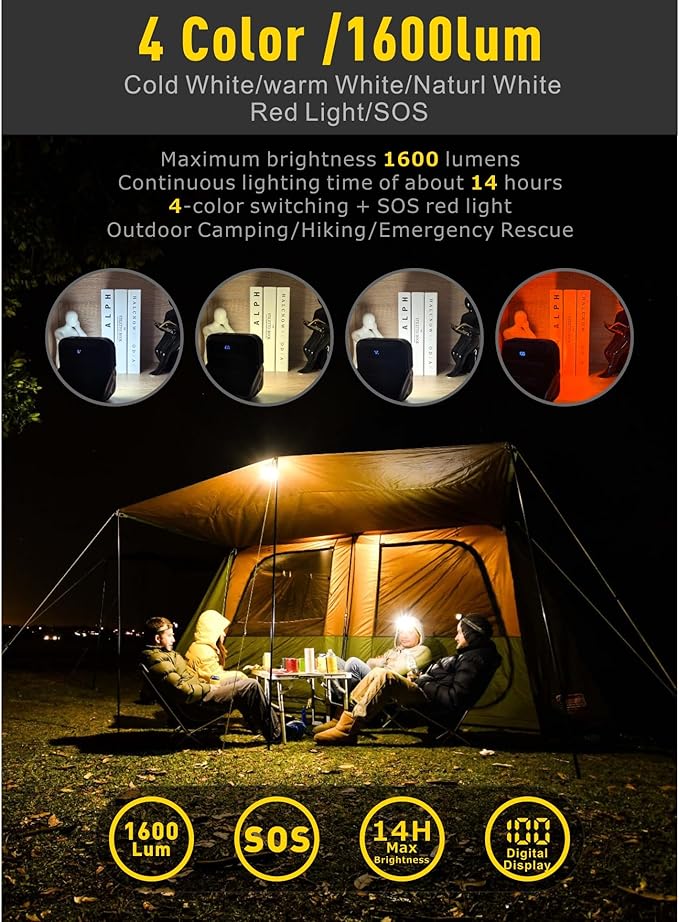 20000mAh Rechargeable LED Camping Lantern - 1600LM, QC3.0 22.5W, 4 - Color Switch, IPX5 Waterproof