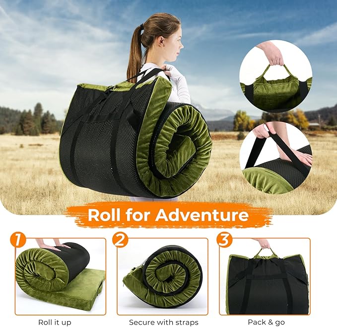 BDEUS Memory Foam Camping Mattress Pad 3inch Waterproof Roll Up Bed Sleeping Mat for Adults