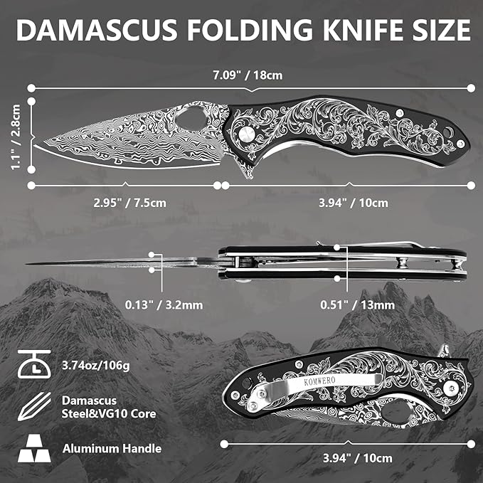 KOMWERO Damascus Pocket Knife with 2.95" VG10 Steel Blade, Folding Knife with Aluminum Alloy