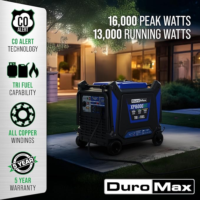DuroMax XP16000iHT 16,000-Watt Tri Fuel Portable Digital Inverter Generator - Gas, Propane &