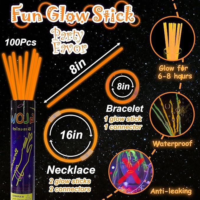 100 pk 8" Orange Glow Sticks Bulk Party Favors, Light up Glow Necklaces & Bracelets in the Dark