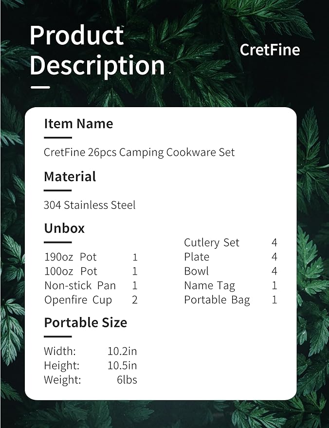 CampPro Camp Cooking Set for 4-8, Stainless Steel Camping Cookware Set, Camping Equipment with