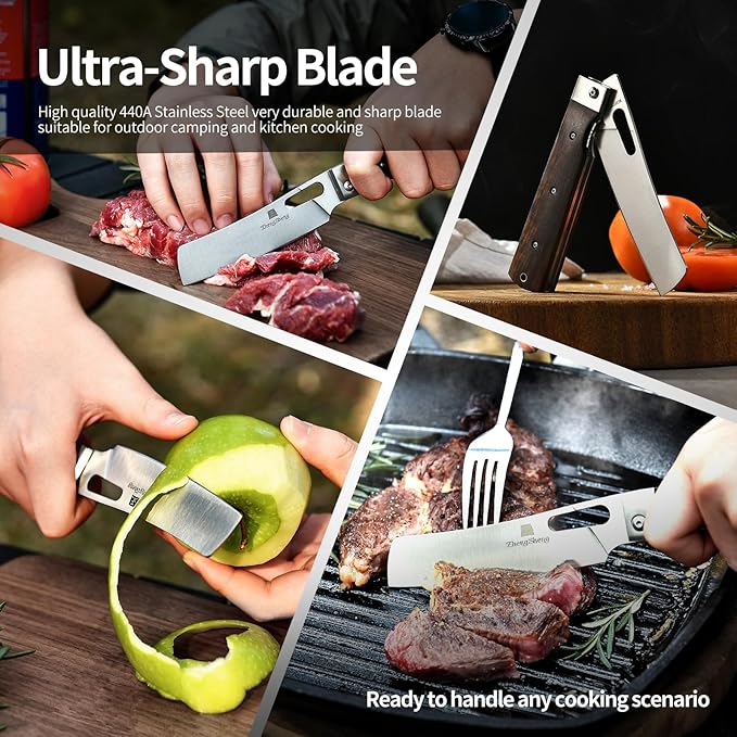 Folding Chef Knife with Leather Pouch 4.8" Sharp 440A Stainless Steel Blade Wooden Handle Pocket