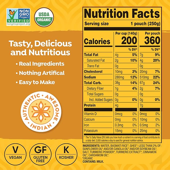 Tasty Bite Organic Turmeric Rice, 8.8 Ounce, Pack of 6, Ready to Eat, Microwavable, Vegetarian