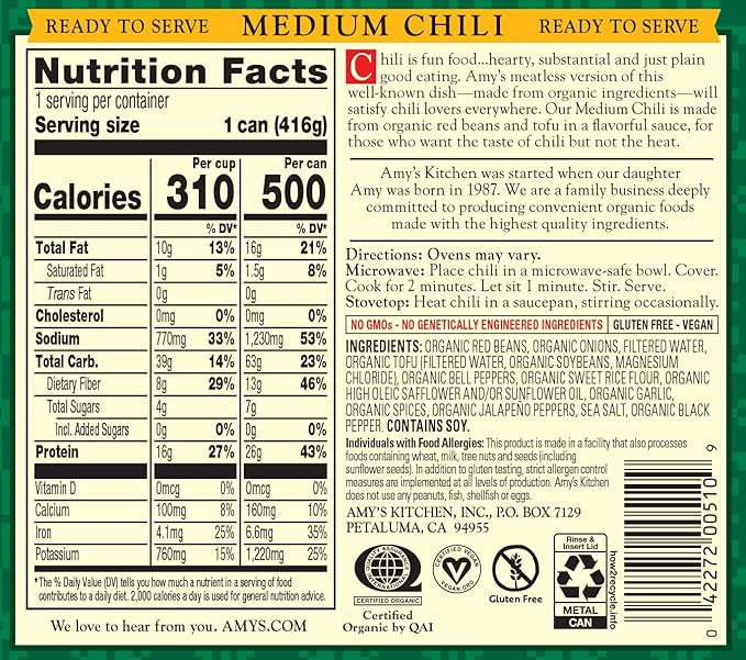 Amy's, Chili, Gluten Free, Vegetarian, Organic, Medium Spice, Jalapeño Pepper, 14.7 oz, Pack of 6