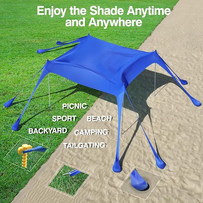 Rhino Valley Beach Tent Shade Canopy UPF50+ Protection, 8 Sandbags, 4 Stability Poles, Outdoor Sun