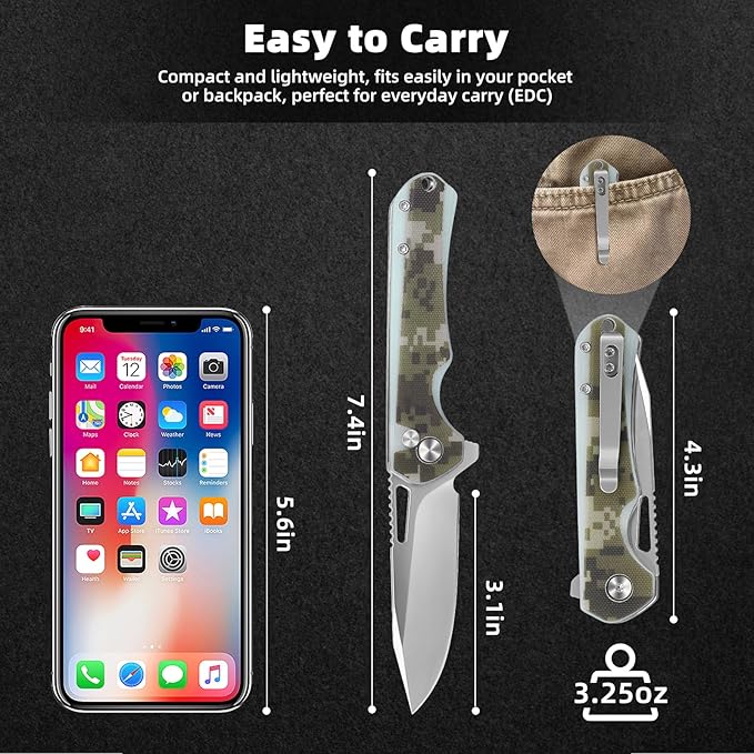 ZENG Folding Pocket Knife, 3.15" D2 Steel Blade Pocket knives, G10 Handle Small EDC Knife, Liner
