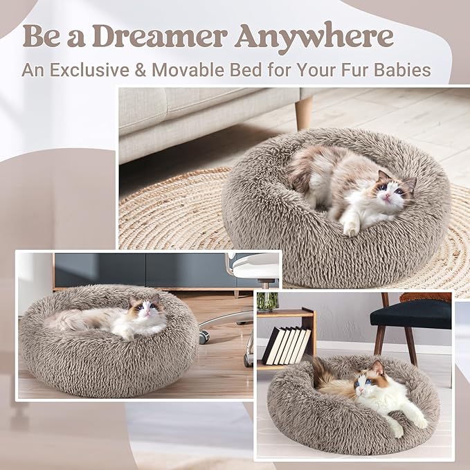 rabbitgoo Cat Beds for Indoor, 20 inches Machine Washable, Fluffy Round Pet Bed Non-Slip, Calming