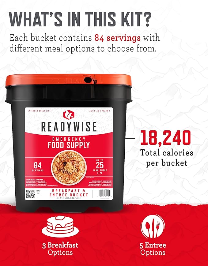ReadyWise Emergency Food Supply - 84 Servings Breakfast & Entrée Bucket, Protein Meals, Dehydrated