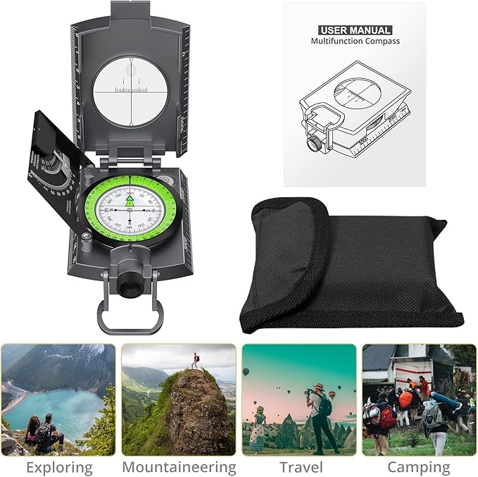 Compass Hiking Survival, IP65 Waterproof Metal Compass with Sighting Clinometer and Carry Bag