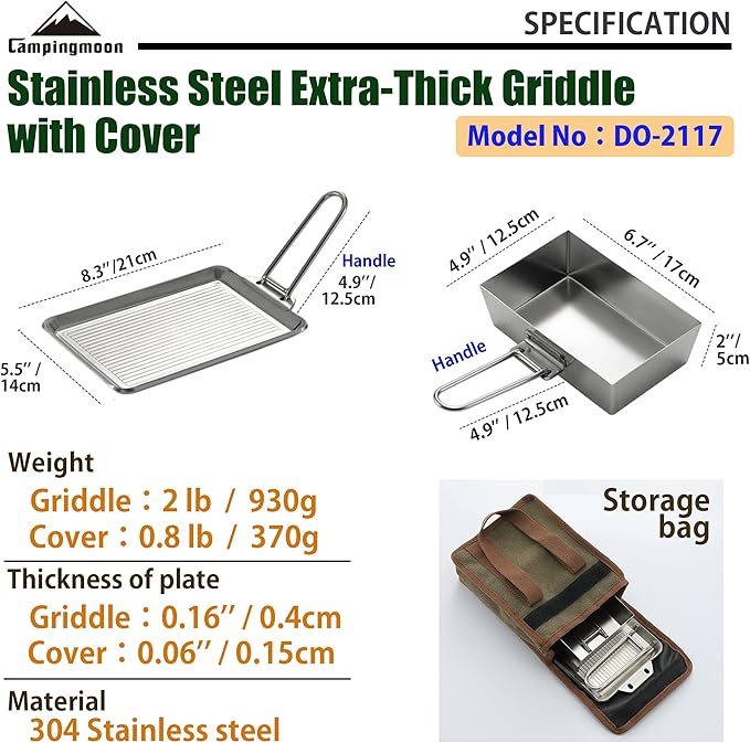 CAMPINGMOON Grill Griddle Plate for Camping Grilling 304 Stainless Steel DO-21,DO-2117 L 8.3'' x W