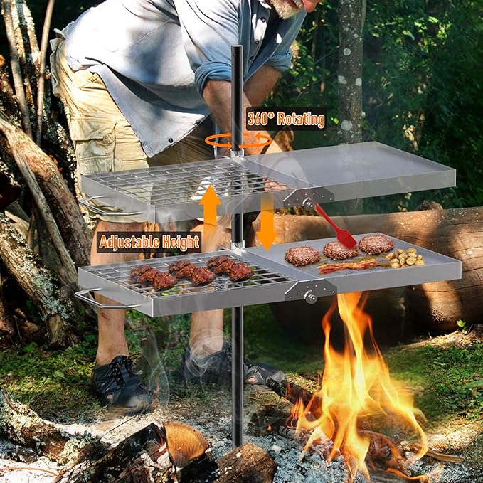 Skyflame Folding Campfire Grill Grate, Stainless Steel Swivel Camping Grill Grate and Griddle with
