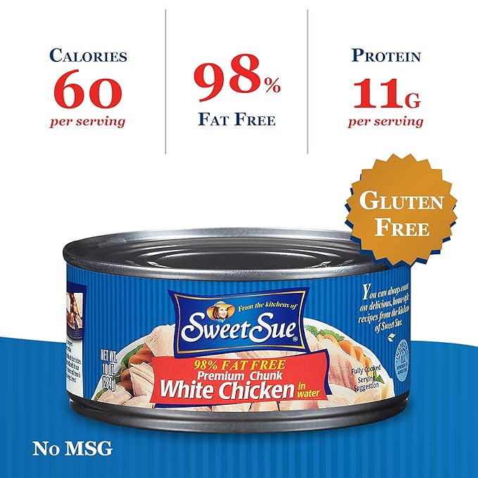 Sweet Sue Chunk White Chicken in Water, 10 oz Can (Pack of 12) - 11g Protein per Serving, 98% Fat