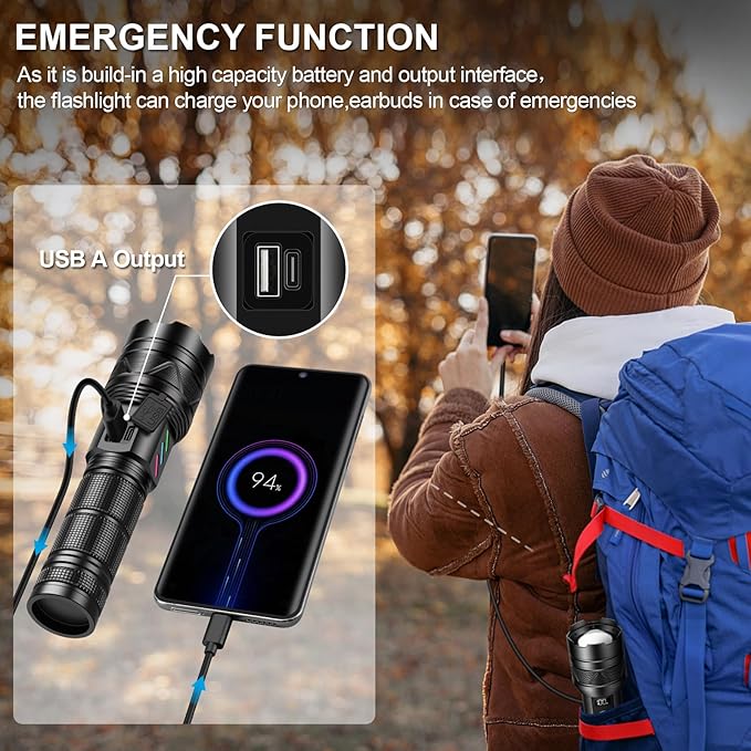 Rechargeable Flashlights 2000 High Lumens, Long Range 5000ft, Super Bright LED Flashlight USB C