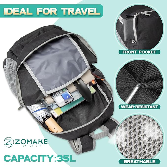 ZOMAKE Lightweight Packable Backpack 35L, Light Foldable Backpacks Water Resistant Collapsible