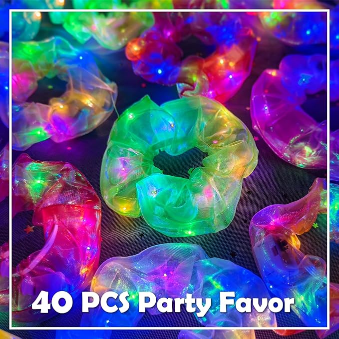 40 PCS Light up Scrunchies, 3 Glow Mode, LED Hair Accessories for Women, Glow in the Dark Party