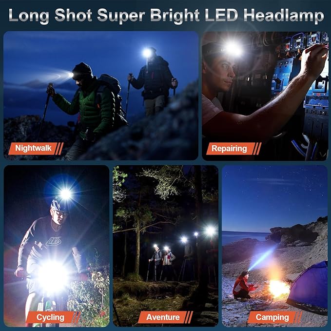 Rechargeable Headlamp 2 Set, LED Head Lamps Battery Powered, Super Bright High Lumen with 3+4 Modes