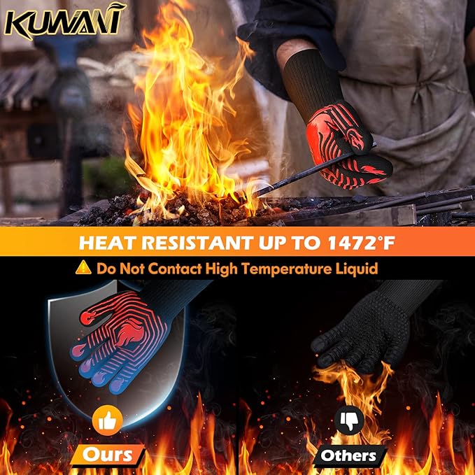 BBQ Gloves, 1472°F Heat Resistant Gloves Fireproof Mitts，Grilling Gloves Silicone Non-Slip Washable