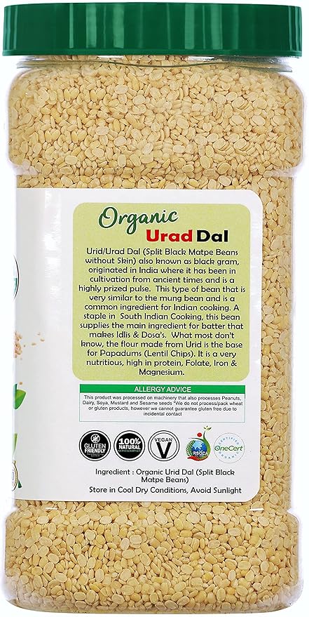 Rani Organic Urid/Urad Dal (Split Matpe Beans Skinless) Indian Lentils 64oz (4lbs) 1.81kg Bulk PET