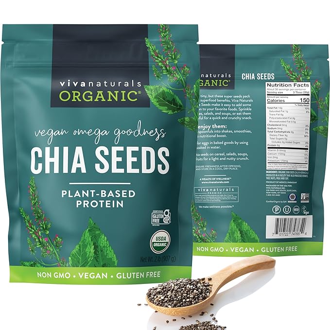 Viva Naturals Organic Chia Seeds, 2 lb (907 g) – Plant-Based Omega-3 and Vegan Protein, Gluten Free