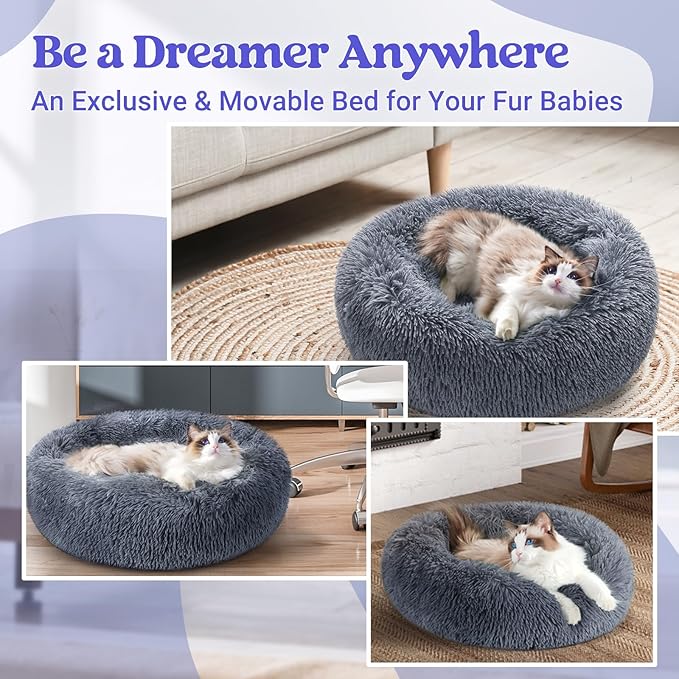 rabbitgoo Cat Beds for Indoor Cats, 20 inches Cat Bed Machine Washable, Fluffy Round Pet Bed