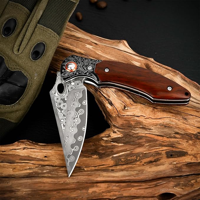 Damascus Pocket Knife, 3.27??Damascus Blade EDC Folding Knives with Guibourtia Wooden Handle