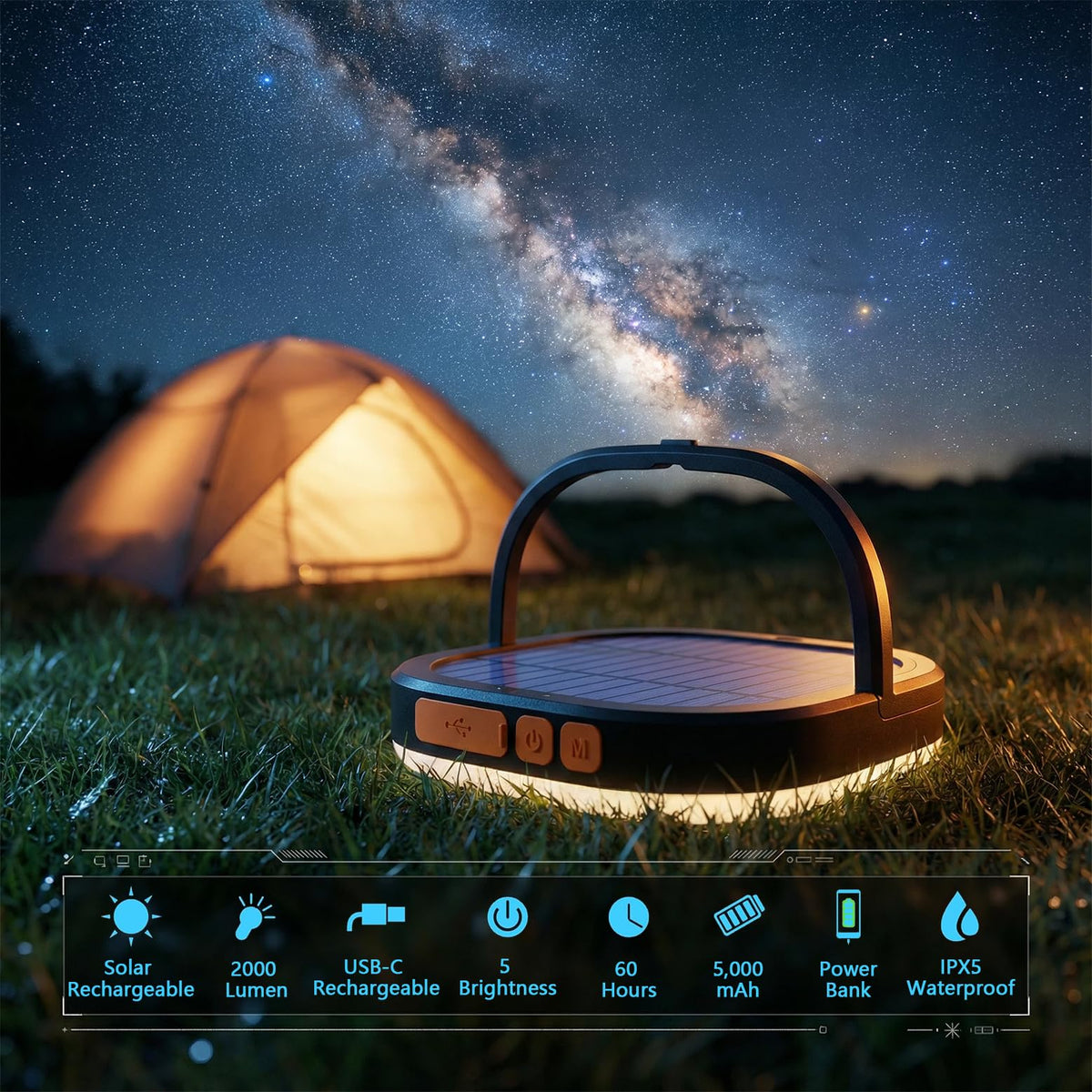 SAMUUN Camping Lantern - 5000mAh, 2000 Lumens, Solar, Rechargeable, IP65 - product view 2