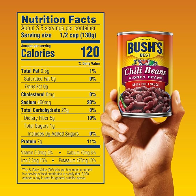 BUSH'S BEST 16 oz Canned Spicy Dark Red Chili Beans, Source of Plant Based Protein and Fiber, (Pack