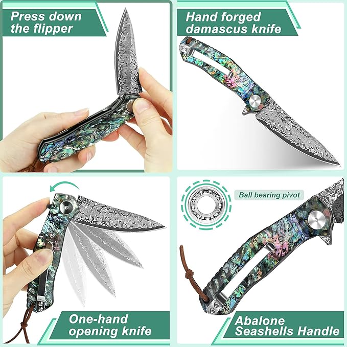 Benkey Damascus Pocket Knife with Clip Leather Sheath Sharp VG10 Core Folding Knife, EDC with Liner