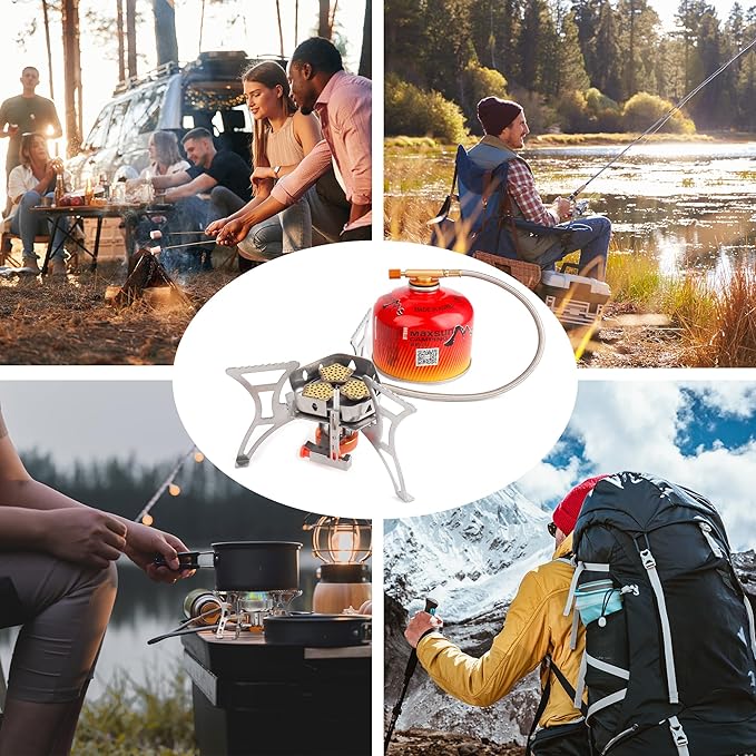 6800W Camping Stove with Fuel Canister Adapter Portable Backpacking Gas Stove with Piezo Ignition