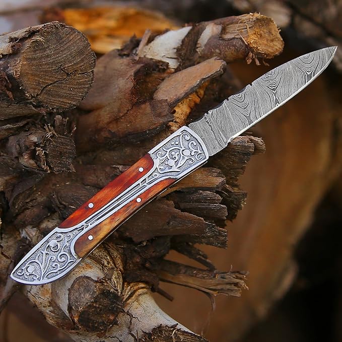6.5 inch Damascus Pocket Knife with Sheath, Handmade Folding Pocket Knife for Men, Black-Red Wooden