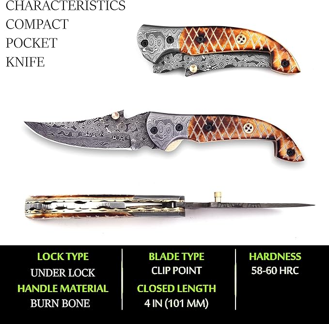 Handmade Damascus Folding Knife for Men with Burn Bone, 7.5 inch Pocket Knife with Sheath,Tactical