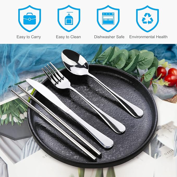 Portable Silverware Set with Case, Lengnoyp Travel Camping Utensils Set, Premium Stainless Steel