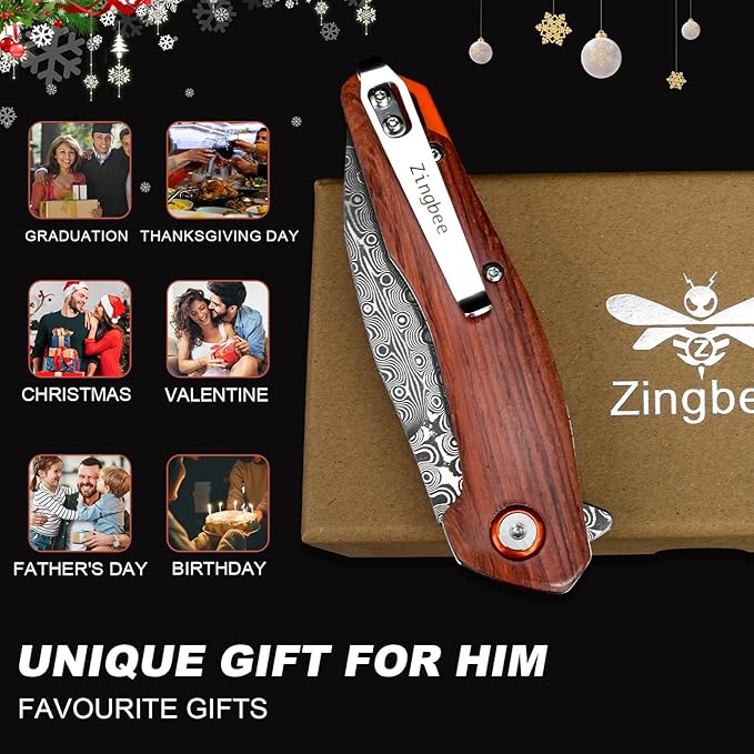 Damascus Pocket Knife for Men Women 3.03" Damascus Blade Folding Knife for EDC Outdoor Fishing