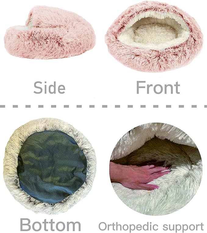 ShinHye Cozy Cat Bed - Round Plush Fluffy Hooded Cave, Indoor/Outdoor, Waterproof & Washable