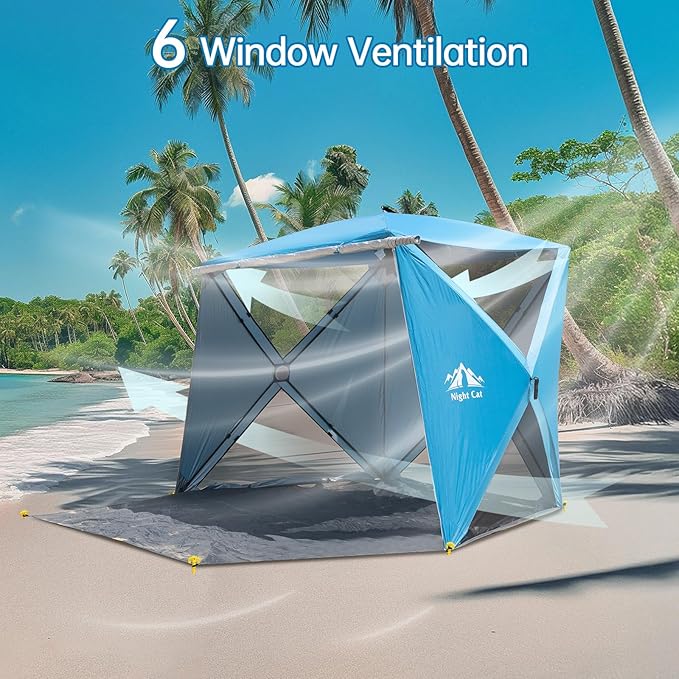 Night Cat Pop-up Beach Tent: 3 4 Persons Beach Shelter with Canopy and Footprint, UPF 50+ UV