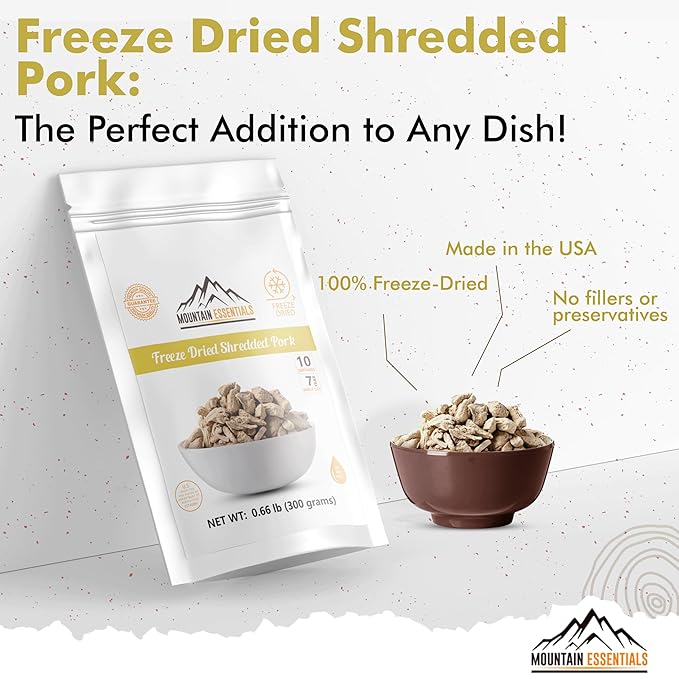 MOUNTAIN ESSENTIALS Freeze-Dried Shredded Pork ??Fully Cooked, Ready-to-Eat Meat | 10 Servings per