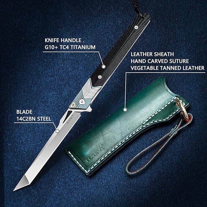 Folding Knife with Clip, 14C28N Steel Tanto Blade, Non-slip Titanium Alloy Handle Lightweight EDC