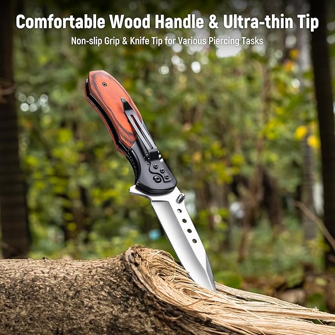 Pocket Knife for Men - 3.46" Sharp Blade Wood Handle Pocket Folding Knives with Clip, Glass Breaker