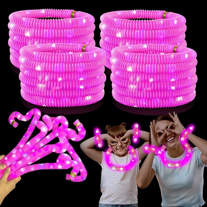 24 PCS Pink Glow Sticks Party Favors for Kids, Light Up Necklaces Bracelets Accessories for